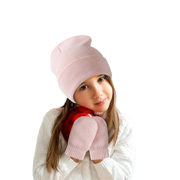 Vintervantar Handskar och Mössa Set för Barn Stickad Pullover Mössa pink M