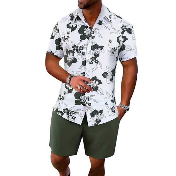 Herr 2-delars outfit blommig tropisk tryck knapp ner skjorta set green M