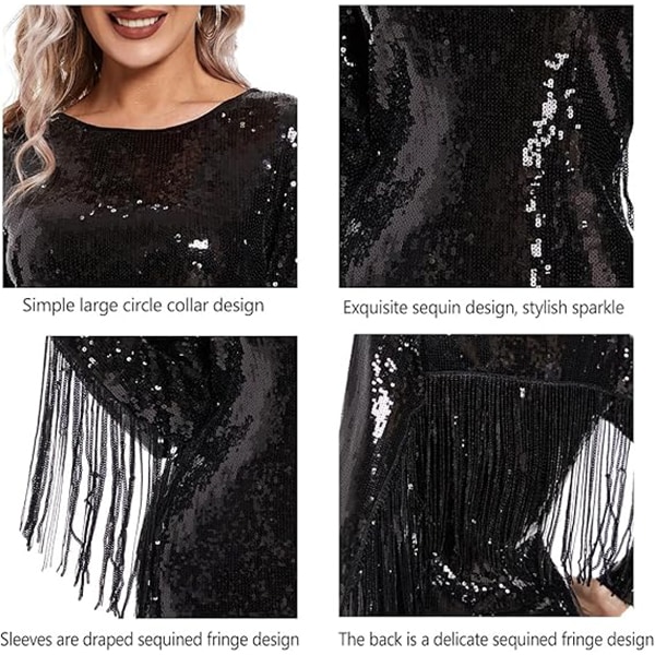 Kvinners Sexy Sequin Langærmet Bodycon Frynser Kjole XL