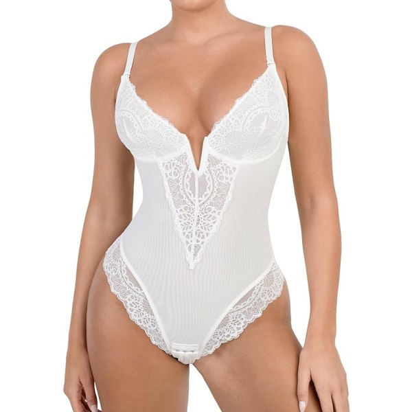 Popilush Lace Shapewear Bodysuit Kvinder V-hals Tummy Body Suit Thong White 2XL