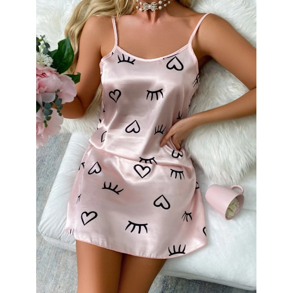 Nattklänning för kvinnor, V-ringning, spaghettiband, ärmlös, tryckt, nattkläder Light Pink M