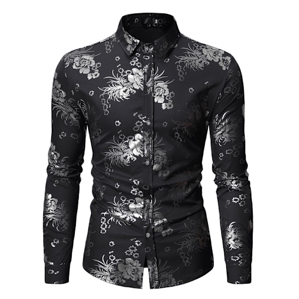 Lyxig skjorta för män med glänsande blommönster och knappar Black XL