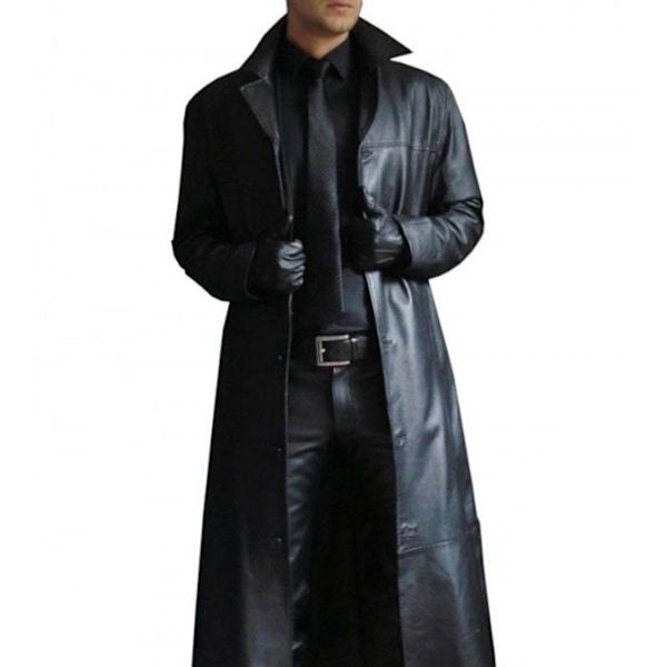 Herre Trenchcoat Fuld Længde Kunstlæder Lang Frakke black XL