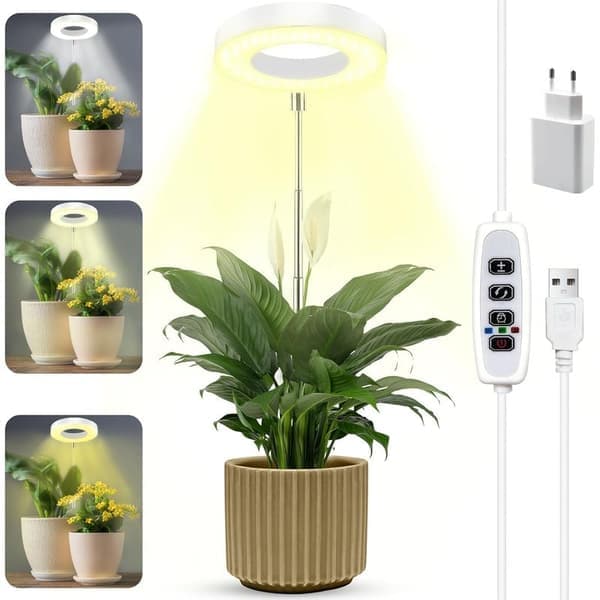 Fuld spektrum LED vækstlys til indendørs planter, justerbar højde med 3/9/12 timers timer, 10 lysstyrkeniveauer, 3 tilstande, til små planter