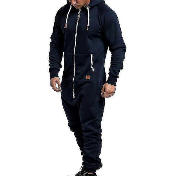 Herre Onesie Hettegenser Glidelås Jumpsuit Vinter Uformell Hette Romper Playsuit - WK Navy Blue M