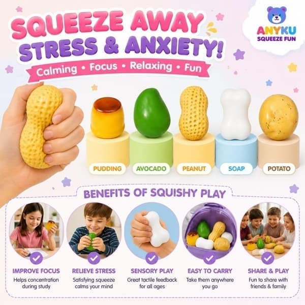 5-pakke sprø mat-squishy-leker, peanøtt, pudding, potet, mango og såpeperle-fylte stressballer, formbare ASMR-klemmeleker