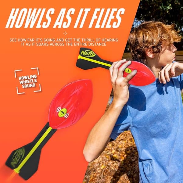 Nerf Vortex Aero Howler vaahtopallo, pitkän matkan jalkapallo lento-optimoidulla pyrstöllä ja vihellysäänellä, sisä- ja ulkolelu lapsille red