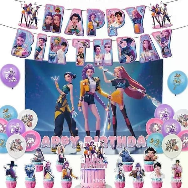 Kpop Demon Hunters Bursdagstema Festdekorasjoner Banner Kakeballonger for Barn