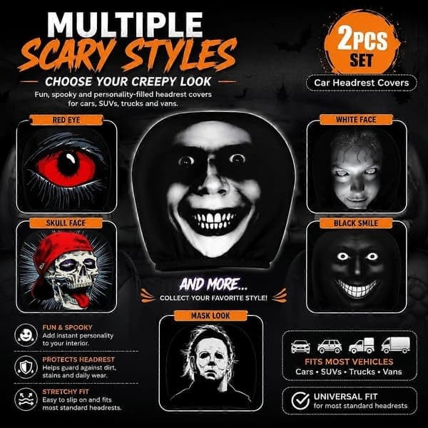 2026 NYA Ghost Face Nackstödsskydd för bilar, 4-pack Skrämmande & Roliga Tecknade Nackstödsskydd för bilar, C C