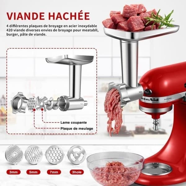 Kødsliber tilbehør til KitchenAid Mixer, 3 pølsefyldningsrør og holder, 4 skiver, 2 knive, hamburgerpresse
