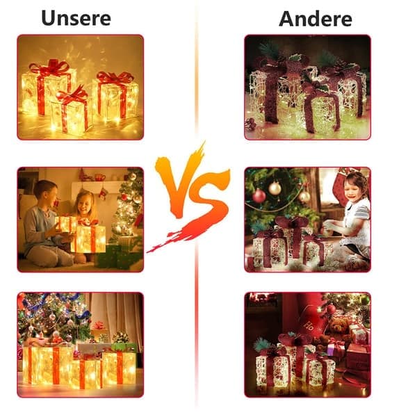Et sæt med 3 LED-gaveæsker, julepynt, med indbyggede varmhvide LED-lys, vandtæt PVC-materiale, med sløjfer