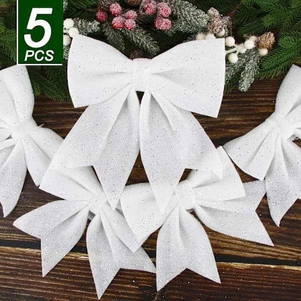 Stor vit glittrig julgransdekoration rosett, 5-pack julgransdekorationsrosetter