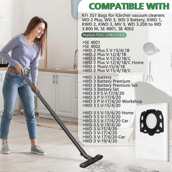 8-pack KFI 357 Dammsugarpåsar Kompatibla med Kärcher WD 2 Plus, WD 3 Batteri, KWD 1, KWD