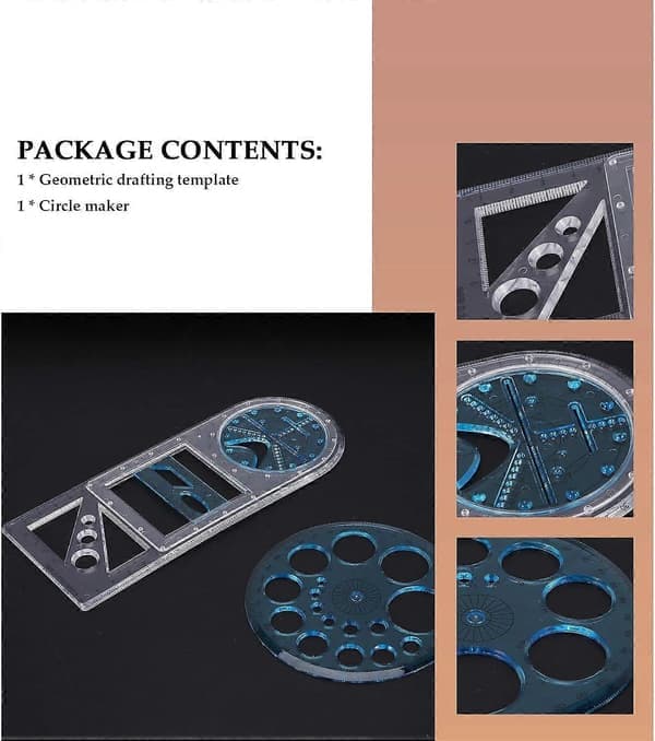 2 st Multifunktionella Geometriska Linjaler Plast Cirkel Ritverktyg Ritmallar Klar Grafisk Design Verktyg