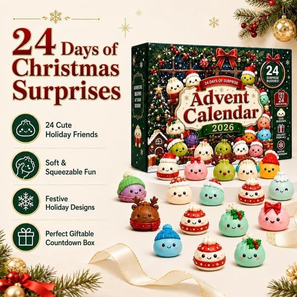Adventskalender 2026, 24 dagar med överraskande Squishies-leksaker, julklappar