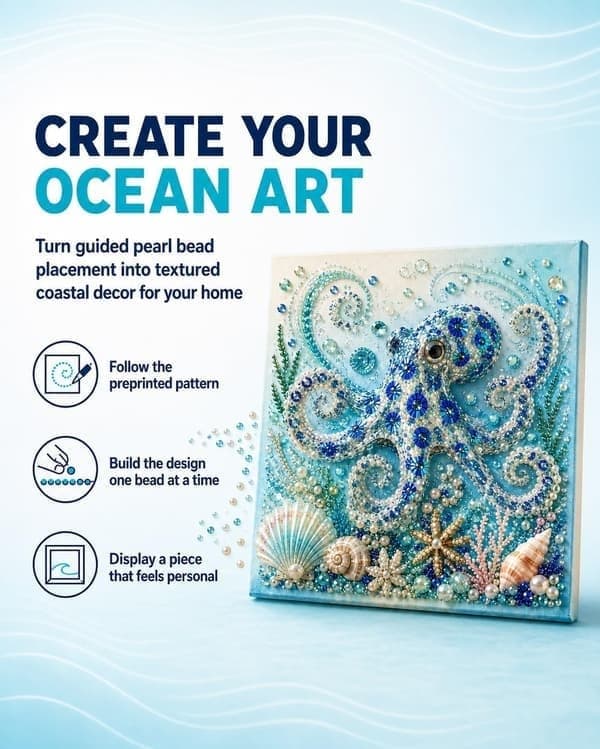 Havtema 3D Perlekunst Diamantmaling DIY-sett for voksne, Høyde Perle Kystscene Håndverk
