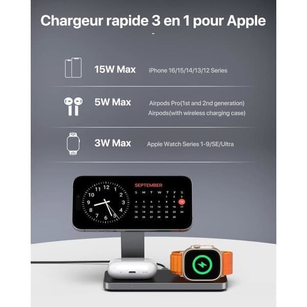 Latausasema iPhone 17/16/15/14/13/12 (Pro/Max/Plus), Apple Watch (9/8/SE/7/6/5/4/3/2), AirPods (2/3/Pro), Musta