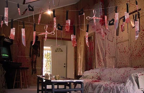 Halloween dekorasjonssett, blodig bakgrunn og girlanderbanner og fo