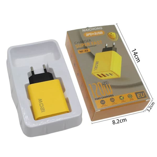 120W Multi-Port Hurtiglader – 2 USB + 2 PD-porter, Universell Lading for iPhone, Huawei, Android, EU-plugg Tilgjengelig gul 120W 2U+2C yellow 120W 2U+2C