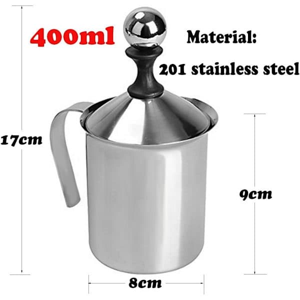 Melkeskummer, manuell melkeskummer i rustfritt stål, håndholdt melkeskummer for kaffe, manuell melkeskummer (400 ml)