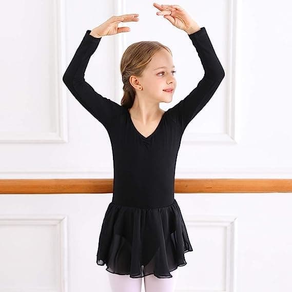 Balletkjole til piger med lange ærmer og tylskørt, sort, størrelse 130 cm Black 130 cm