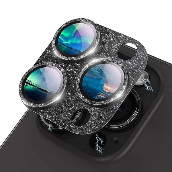 Integral Glitter Armor linsefilm kompatibel med iPhone 13 14 15 Pro Max tilbehør kompatibel med iPhone, Sort, iPhone 15 eller 15 Plus Black iPhone 15 or 15Plus