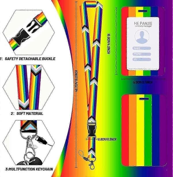 Regnbuefarvet lanyard med udtrækkelig ID-holder
