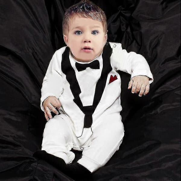Spädbarn Pojkar Barn Formell Kostym Smoking Romper Fest Bröllop Jumpsuit Black White 12-18 Months