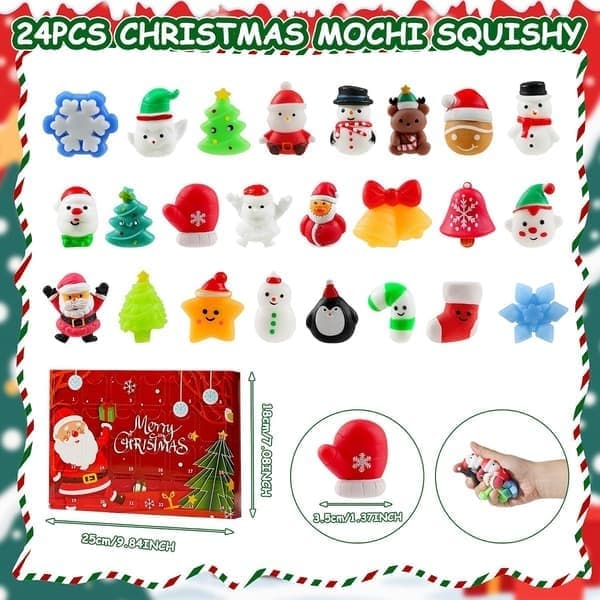 Adventskalender 2026 med Mochi Squishy Leker 24 Dager Mini Squishy Adventskalender for Barn, Gutter, Jenter, Tenåringer (Julerød)