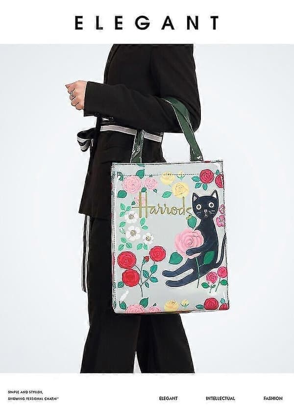 Harrods London PVC Gjenbrukbar Handlepose Vanntett Miljøvennlig Handlenett Blomsterkatt, Medium Medium