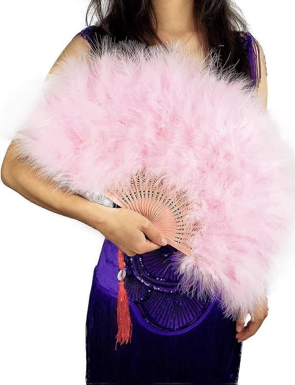 Håndholdt fjerfane, 1920'er vintage stil flapper håndfane til maskerade og dans, lyserød