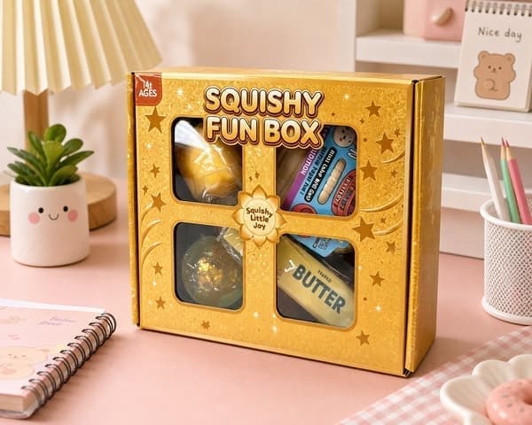 4-delad gyllene Squishy Fun Box, blandad matglitter och dumpling sensoriska stressavlastningsleksaker i presentförpackning
