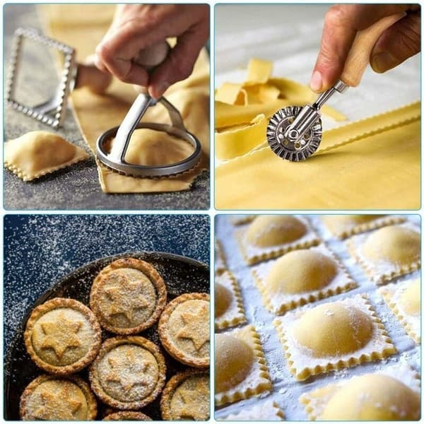 Triumph Ravioli Roulette Cutter Relieffirkantet Deigkutter Kjeksform Trehåndtak