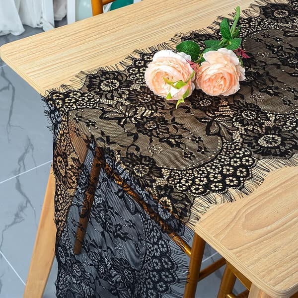 Svart blondebordløper - 34 x 300 cm - Liten linbordløper - Bohemsk rustikk stil
