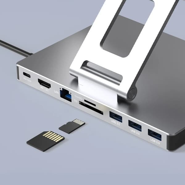 Laptopdockningsstation i aluminiumlegering, PD, USB 3.0, stöd för USB C, SD, TF-kortplats, 9-i-1