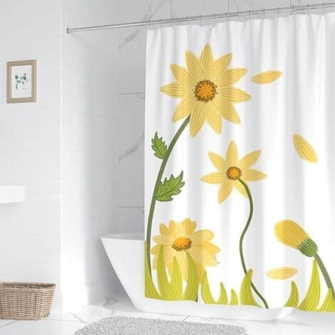 Duschdraperi i polyester 180 x 180 cm, anpassningsbart, snabbtorkande, tvättbart, viktat, med krokar, vattentätt duschdraperi, gul blomma