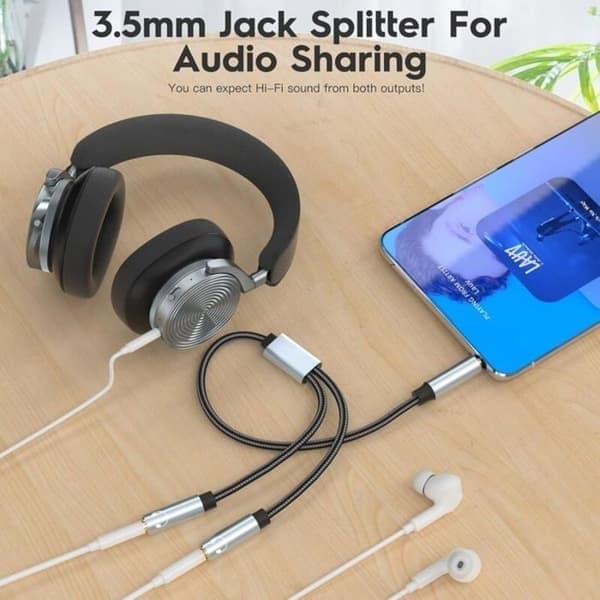 Stereo lydjackadapter, 3,5 mm stereo jack hodetelefonadapterkabel, jacksplitter kompatibel med hodetelefoner, nettbrett, PC (2 stk, grå)