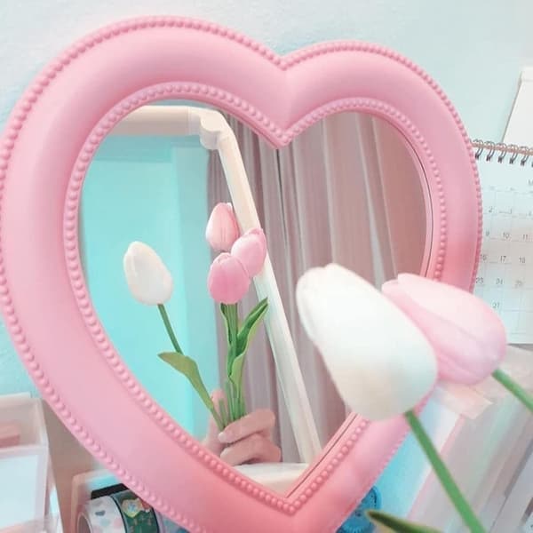 Hjärtformad sminkspegel, väggmonterad, bordsspegel eller sovrumsspegel; presentset, 17,5*18,5 cm, rosa Pink