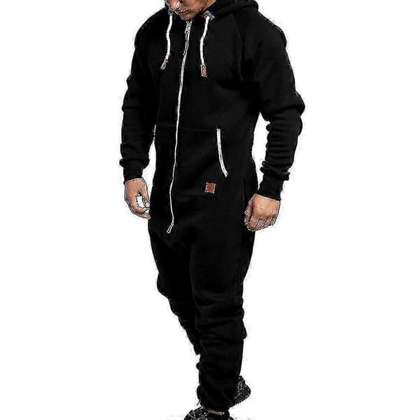 Herre Onesie Hettegenser Glidelås Jumpsuit Vinter Uformell Hette Romper Playsuit - WK Black 3XL