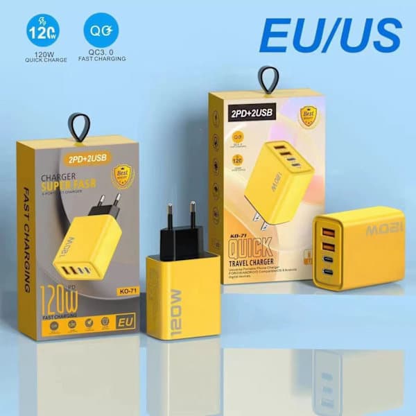 120W Multi-Port Hurtiglader – 2 USB + 2 PD-porter, Universell Lading for iPhone, Huawei, Android, EU-plugg Tilgjengelig gul 120W 2U+2C yellow 120W 2U+2C