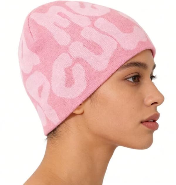 Y2K MEA Culpa Grunge Stickad Mössa, Vintervarm Mössa, Hip Hop Bokstav Jacquard Mössa, Rosa