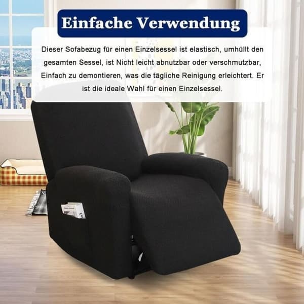 4-delt elastisk lenestoltrekk med lommer, vaskbart, full dekning av lenestolen, altomfattende elastisk trekk