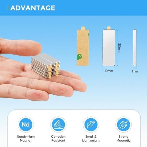 20 starka självhäftande magneter 30x10x1mm, platta självhäftande magneter i par, rektangulära neodymmagneter