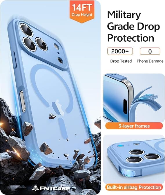 FNTCASE til iPhone 17 Pro Max-deksel med skjermbeskytter, kompatibel med MagSafe, gjennomskinnelig matt, full kamerabeskyttelse, støtsikker Light blue