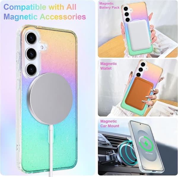 Samsung Galaxy S25 Plus Glitterdeksel for kvinner jenter, MagSafe-kompatibel, Klart iriserende regnbueglitrende deksel, Gradientfarger Iridescent Glitter