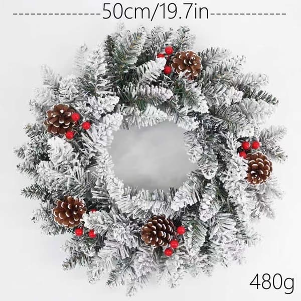 Kunstig julekrans til dør, 50 cm, med kongler og bærklaser, LED-lys og timer, grønn