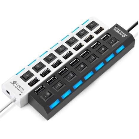 Multi-Socket Hub med 7 USB 2.0-porter, svart eller hvit, med blå LED