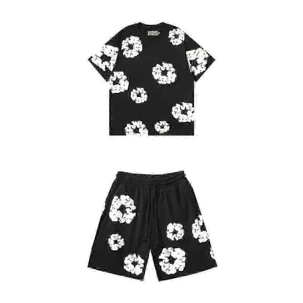 2025 Sommer Shortssett for menn, bomull, uformell trening, reiseklar, 2-delt Black suit XL