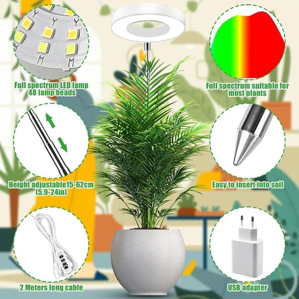 Fuld spektrum LED vækstlys til indendørs planter, justerbar højde med 3/9/12 timers timer, 10 lysstyrkeniveauer, 3 tilstande, til små planter