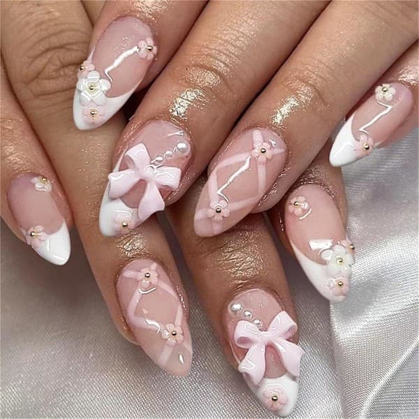 24 stk. korte mandelformede franske manicure kunstige negle til at lime på